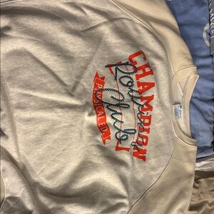 Champion Beige Sweatshirt with Red and Blue Text